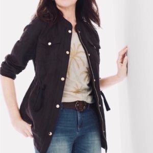 Chico’s Linen Utility Jacket Black With Gold Snap Buttons Long Sleeve, 3 (XL)